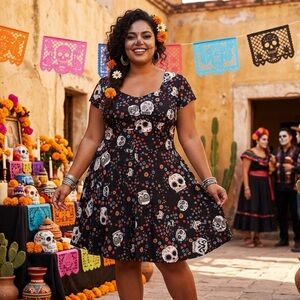 iHot Day of the Dead Sugar Skull Floral Fit and Flare Dress Pin Up Goth - 4XL